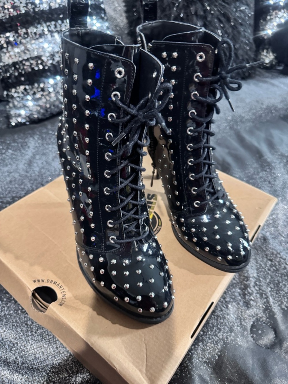 Dr. Martens Black Patent Studded Lace-Up Ankle Boots - Picture 2 of 5